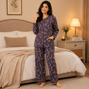 Ensemble de pyjama en coton imprimé canne à sucre pour femme, décontracté, été, Noël, manches longues, doux, vêtements de nuit, fournisseur OEM ODM en gros - Product Image 1