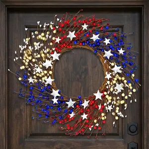 Patriotic Twig Wreath Packed With Red White And Blue Berries And Bold White Stars, Perfect Fourth Of July <b>Front</b> <b>Door</b> <b>Decoration</b> - Product Image 6