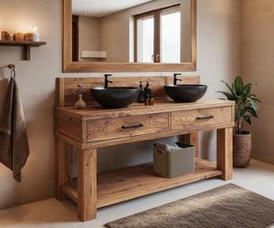 Meuble de salle de bain moderne en bois massif avec double vasque, étagère de rangement spacieuse et comptoir de qualité supérieure pour maison de luxe - Product Image 1
