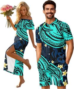 Puletasi Samoano para Parejas, Vestido Samoano para Mujer, Camisas y Pantalones Cortos Hawaianos con Botones - Product Image 2