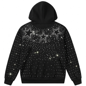 Sweat à capuche personnalisé avec étoiles en strass pour homme, en coton épais, motif diamant scintillant, noir, coupe oversize, style Y2K punk streetwear - Product Image 2