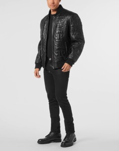Blouson Bomber Homme Noir Motif Croco Gaufré avec Lettres, Fermeture Éclair, Col Rabattu, Coupe Slim, Style Moto, Hiver Automne - Product Image 1