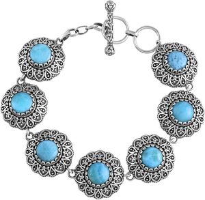Vintage 925 Sterling Silver Blue Larimar Gemstones Tennis Chain Bracelet Floral Design Bezel <b>Set</b> For Women Jewelry Everyday Wear - Product Image 4