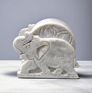 Juego de 6 posavasos de mármol blanco con diseño de elefante, calidad de exportación, color blanco piedra - Product Image 1