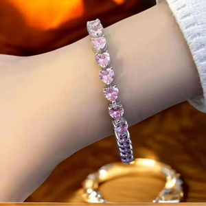 Bracelet tennis en moissanite rose en forme de cœur, serti de pierres, bijoux de luxe, bracelet romantique pour femme - Product Image 1