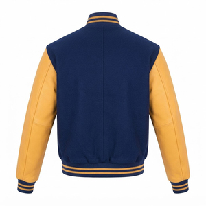 Chaqueta Varsity Azul Marino Personalizada para Hombre, con Mangas de Cuero Color Bronceado, Cierre de Botones a Presión, Cuello Alto, Abrigo de Invierno - Product Image 6