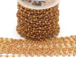 Chaîne de chapelet en pierre de lune pêche hydro, perles rondelles facettées de 3 mm, chaîne de bijoux enroulée de fil plaqué or - Product Image 3
