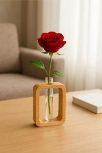 Vase en bois d'acacia fait main de qualité supérieure avec tube à essai en verre – Décoration d'intérieur rustique moderne, porte-fleurs de table - Product Image 6