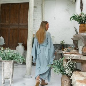 เสื้อคลุมกิโมโนผ้าลินินสีน้ำเงิน เสื้อคลุมโบโฮสำหรับผู้หญิงและเสื้อคลุมคาร์ดิแกนแขนกว้างผูกเข็มขัดยาวสไตล์ญี่ปุ่นอิบิซ่า - Product Image 3