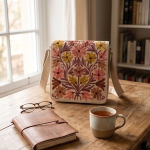 Sac messager brodé au point de croix du Cachemire — Ivoire avec bouquet de marguerites chaleureuses - Product Image 1