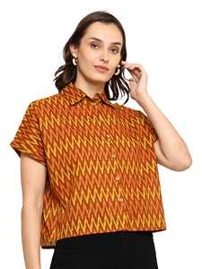 Camisa de algodón extragrande para mujer, moderna, multicolor, con estampado en zigzag, diseñada con cuello de camisa y mangas cortas para uso casual. - Product Image 4