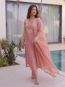 Women Embroidered Straight Kurta Set With Dupatta Pink Silk Traditional Salwar Kameez Ankle Length Regular Fit Casual Wear - Product Image 2