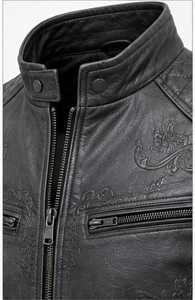 Blouson en cuir gaufré pour homme, style motard, col montant, fermeture éclair, coupe ajustée, style automne - Product Image 4