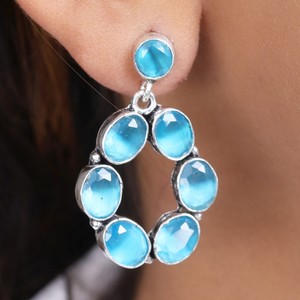 Trade Assurance Bohemian Blue Cat Eye Stone Oval Loop Earrings for Women | Handmade Oxidized Silver Brass Jewelry - Product Image 2