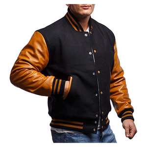 <b>Mens</b> Black and Tan Varsity Style Jacket Leather Style Sleeves Quilted Lining Striped Ribbed Trim Snap Button Urban Fashion Coat - Product Image 1