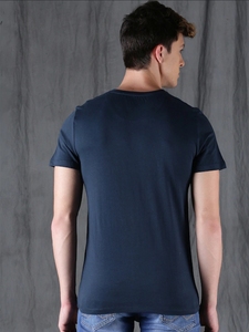 Chemise décontractée pour homme en coton 100% écologique, bleu marine, à double boutonnage, sans col, tricotée, à manches courtes, imprimée par transfert thermique - Product Image 6