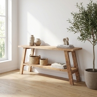 Console rustique en bois massif à 2 niveaux avec étagère inférieure, table d'appoint en bois naturel pour entrée, couloir, salon, mobilier de maison