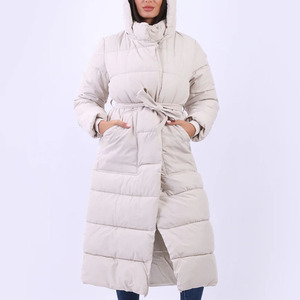 Women's Long Quilted Hooded Puffer Jacket With Belt Closure <b>Thick</b> <b>Winter</b> <b>Coat</b> Full Sleeve Solid Color Polyester Wadding - Product Image 3