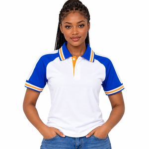Women's Custom Polo Shirts Wholesale, Short Sleeve Corporate Uniform Shirts with Royal Blue Sleeves, Contrast Striped Collar - Product Image 1