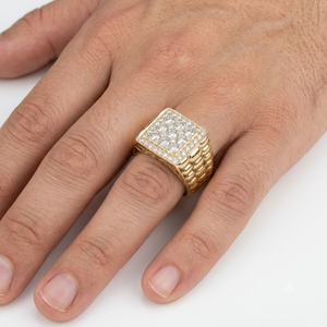 Bague Chevalière Homme en Or Jaune 18K avec Diamant Naturel, Massif et Carrée, Texture Perlée, Micro-Pavé, Style Promesse, Boss, Hip Hop, Fournisseur - Product Image 4