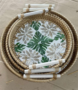 Handmade Rattan Tray with Shell Inlay Woven Decorative Serving Tray for <b>Hotel</b> <b>Restaurant</b> Resort Wholesale <b>Supply</b> - Product Image 3