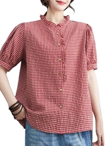Mùa Hè Kiểm Tra Áo Phụ Nữ Thanh Lịch Phun Tay Áo Áo Sơ Mi Cổ Điển Lưới In Áo O Cổ Làm Việc Áo Giản Dị Lỏng Áo Sơ Mi - Product Image 4
