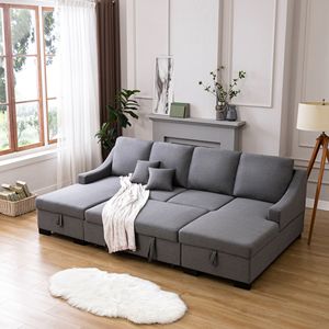 Divano Sezionale Letto con Doppio Spazio di Stoccaggio, Rivestimento Grigio e 2 Cuscini Rimovibili - Product Image 1
