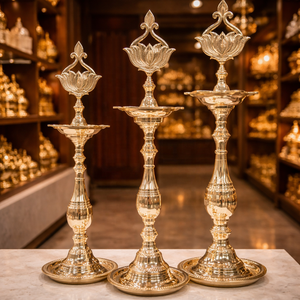Shree Radhey International Luxury Brass Kuthu Vilakku Floor <b>Lamp</b> Set Handcrafted <b>Tall</b> Lotus Diya <b>Stand</b> Holder Multi Size Wedding - Product Image 1