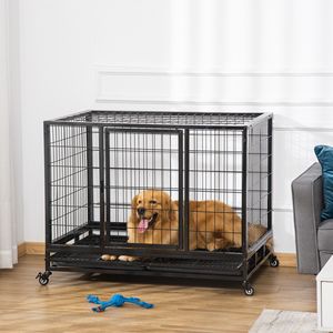 Jaula para Perros Resistente de 43 Pulgadas, Color Negro, con Ruedas Bloqueables, Doble Puerta y Bandeja Extraíble, para Perros Grandes y Extra Grandes - Product Image 1