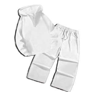Unisex <b>White</b> Cotton Tracksuit Set Hooded <b>Sweatshirt</b> Full Length Pants Solid Color Casual Autumn Wear Regular Fit Drawstring - Product Image 1