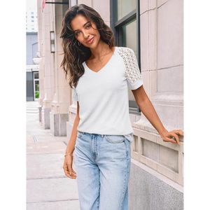 2025 femmes 2025 haut d'été à manches courtes T-Shirt col en v dentelle Blouse habillée mode décontractée pour le printemps vacances personnage - Product Image 2