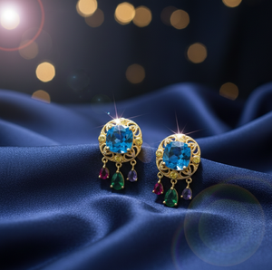 Blue Topaz Hydro <b>Cushion</b> Cut Earrings CZ 925 Sterling Silver 18K Gold Plated Designer <b>Statement</b> Earrings Party Wear - Product Image 4