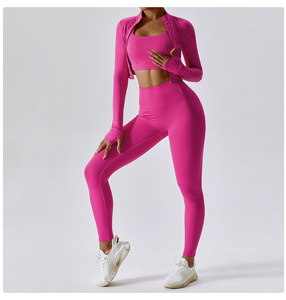 Ensemble de vêtements de fitness 3 pièces pour femmes, leggings taille haute longueur intégrale, haut de yoga respirant en Spandex/Nylon, logo personnalisé - Product Image 5