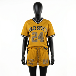 Conjunto de Camiseta y Pantalones Cortos de Fútbol para Mujer, 180 GSM, Malla de Poliéster Premium, Amarillo y Negro, Panel Lateral con Logotipo Personalizado Bordado - Product Image 1