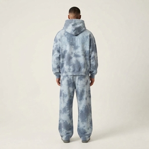 Men Light Blue Gray <b>Tie</b> <b>Dye</b> Hoodie Pants <b>Set</b> Zip Up Hooded Sweatshirt Wide Leg Pants Two Piece Tracksuit - Product Image 4