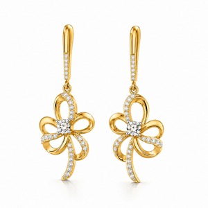 Pendientes de Lujo con Flores de Oro Amarillo y Diamantes Redondos con Corte Brillante en Pavé, Joyería de Boda para Mujer - Product Image 3