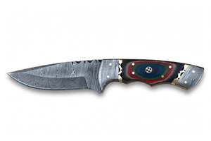 Cuchillo de exterior hecho a mano de acero de Damasco con mango de resina multicolor y mosaico, funda de cuero. - Product Image 5
