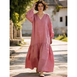 Robe longue décontractée élégante pour femme, couleur unie noire, style bohème, col en V profond, manches ballon, coupe ample - Product Image 1