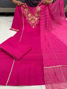 Designer Satori <b>Silk</b> <b>Kurta</b> With Cotton Lining Hand Embellished Neckline Maharaja <b>Silk</b> Pants Zari Stripe Banarasi Dupatta Ready - Product Image 3