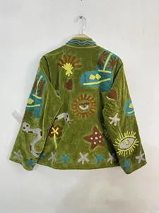 Veste Bohème Vintage en Velours Vert Brodé Suzani pour Femme, Manteau Court Ethnique Floral Ouvert sur le Devant, Qualité Supérieure - Product Image 5