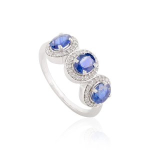 14K Solid Gold Blue Sapphire <b>Diamond</b> Three Stone Halo Wedding <b>Ring</b> - Product Image 4