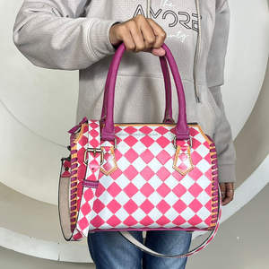 New Arrival Cute <b>Pink</b> & White Hot Selling Checkered Speedybags Tooled Genuine Leather Medium Crossbody Female Travel Duffel Bags - Product Image 4