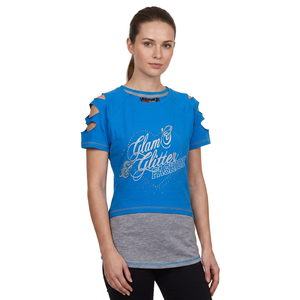 Women's Blue Cold Shoulder T-Shirt Glitter Print Letter Design Slim Fit Casual Short Sleeve Crew Neck Breathable Summer Top - Product Image 4