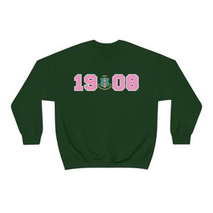 Sweat-shirt à col rond vert foncé avec imprimé graphique rose et vert 1908, manches longues, en molleton de coton, pull décontracté pour femme - Product Image 1