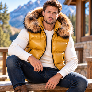 Wholesale <b>Men's</b> Luxury Leather Fur <b>Hooded</b> Vest-Windproof Breathable Autumn Use Zipper Closure | Herren Luxus Lederweste | <b>Gilet</b> - Product Image 6