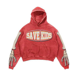Sudadera con capucha roja vintage lavada para hombre, con gráfico de esqueleto en la manga, estilo oversize, streetwear, tipo pullover - Product Image 1