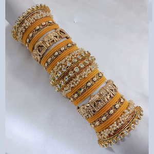 Gold Plated Meenakari Velvet <b>Bangles</b> <b>Set</b> with Pota Stone and Pearl Elegant Pearl Bracelets - Product Image 3