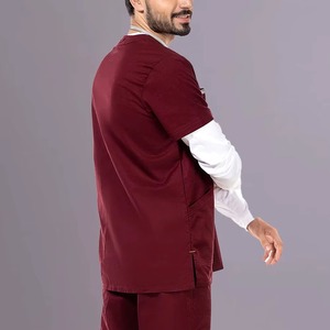 Men's <b>Maroon</b> Scrub Set Cotton Polyester Woven Hospital Uniform Pants <b>Top</b> V-Neck With Pockets Stethoscope Ready - Product Image 2