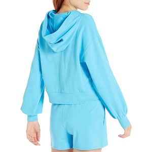 Cotton <b>Fleece</b> Drop Shoulder Flat Drawstring Wide Ribbed Hem Plain Blank Womens Crop Hoodie - Product Image 3