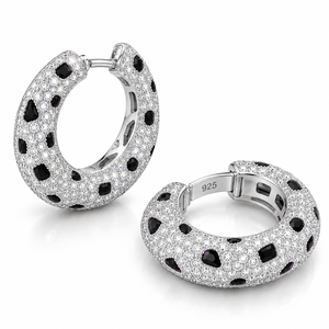 Boucles d'oreilles créoles modernes en émail noir et diamants pour femme, en argent sterling 925, bijoux fins de créateur, cadeau - Product Image 4